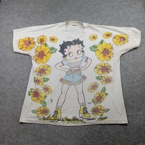 Vintage Betty Boop‎ Shirt Mens Large White Sunflower Graphic Cartoon 60s King